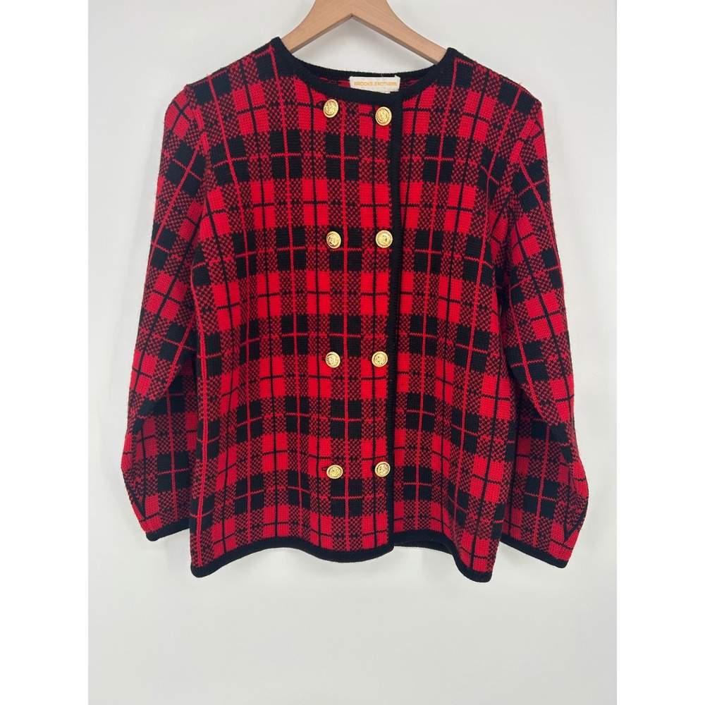 BROOKS BROTHERS Vintage Red Plaid Wool Cardigan Sweater Button Knit Jacket Sz.S